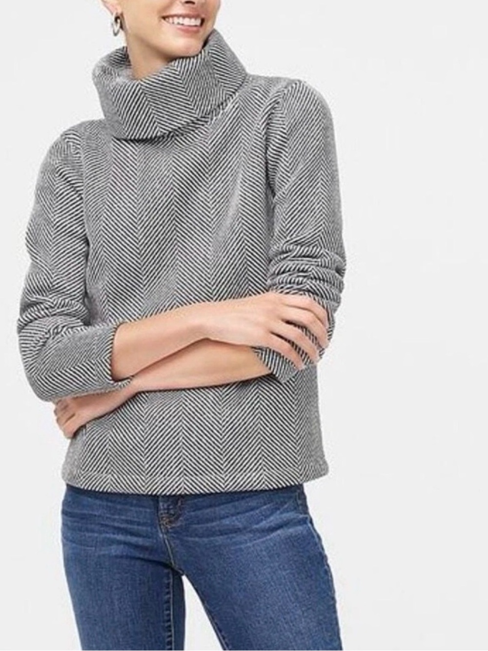 J. Crew Gray Chevron Herringbone Funnel Turtleneck Sweater